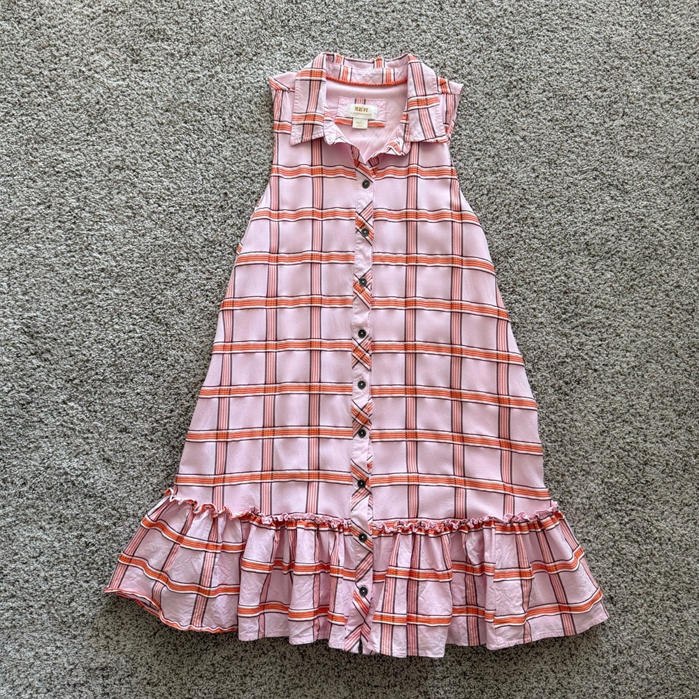 Maeve Pink & Orange Plaid Sleeveless Ruffle-Hem Dress